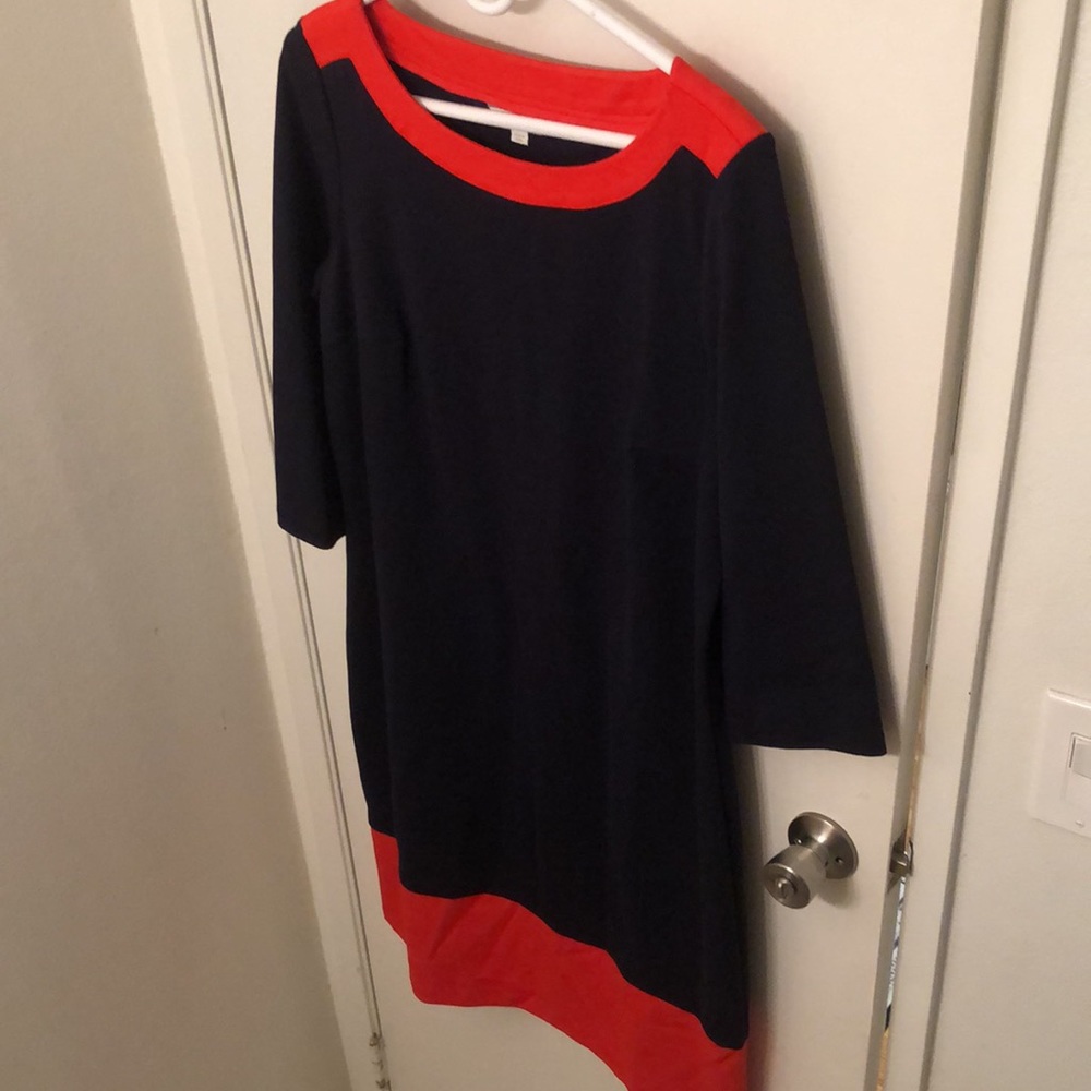 Boden Navy Long Sleeve Shift Dress with Red Accents
